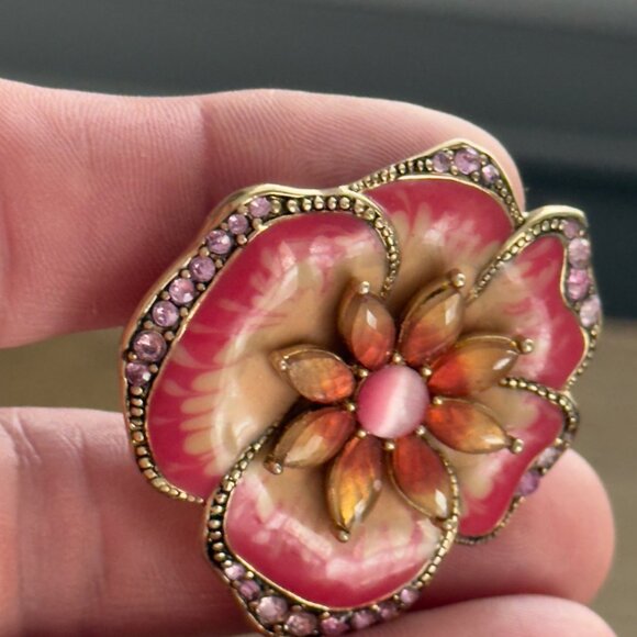 Vintage LC Liz Claiborne Brooch Pin Flower Orange Pink Enamel Rhinestones Signed - Picture 5 of 9